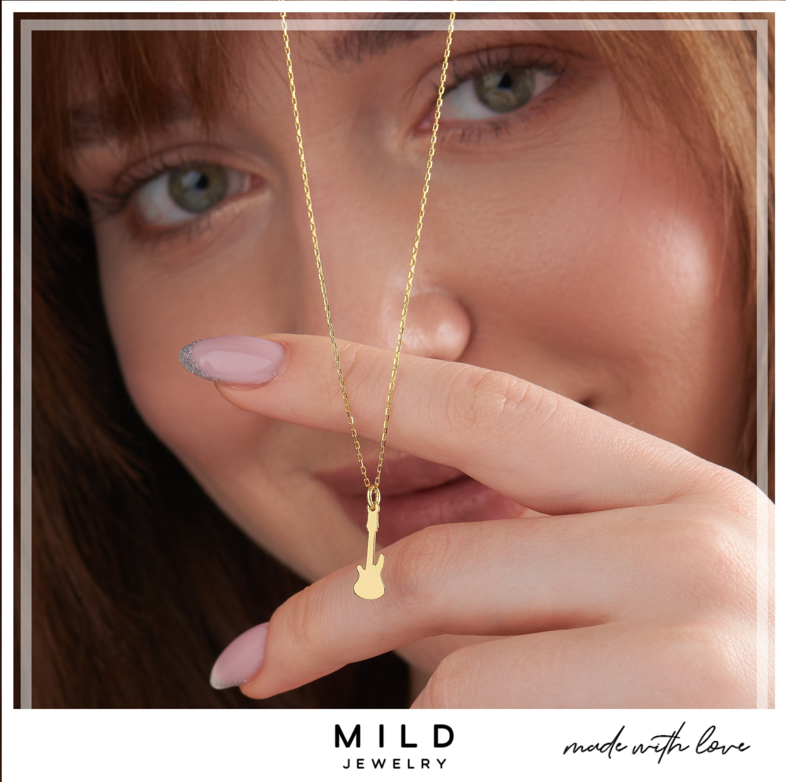 14k Solid Gold Guitar Necklace Musical Instrument Pendant Etsy