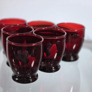 Vintage Ruby Red Juice Water Liquor Glasses and dessert bowls 1960s