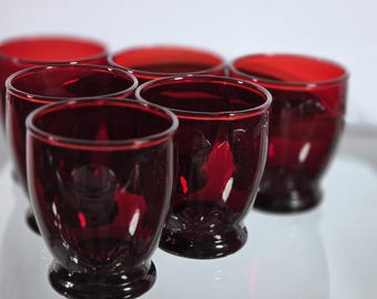 Vintage Ruby Red Juice Water Liquor Glasses and dessert bowls 1960s