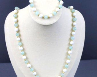 Vintage Simulated Pearl Necklace Bracelet Set, Green & White Beaded Jewelry