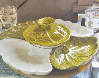 Vintage Lazy Susan Green and White Leaves with Wood Base California Pottery