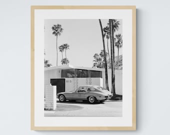 Palm Springs Midcentury Modern Home with Vintage Car, Black and White 35mm Film, Fine Art Photography Print, Modern Home and Wall Decor