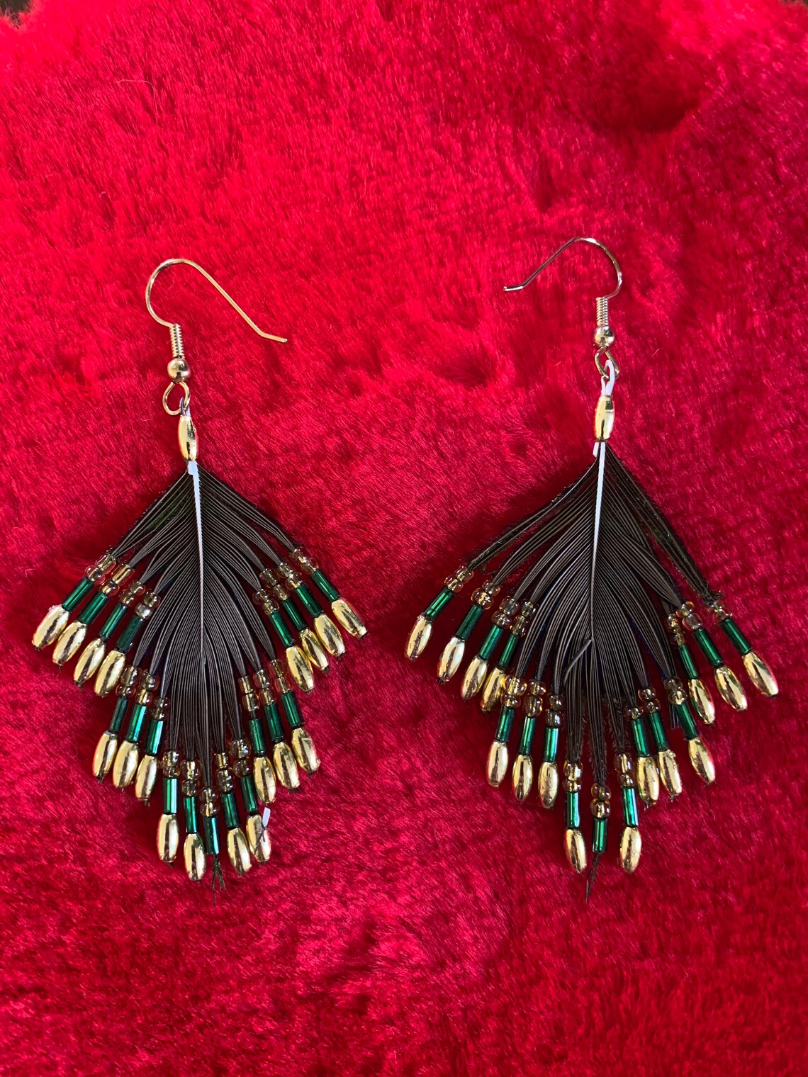 Vintage Beaded peacock feather earrings Etsy
