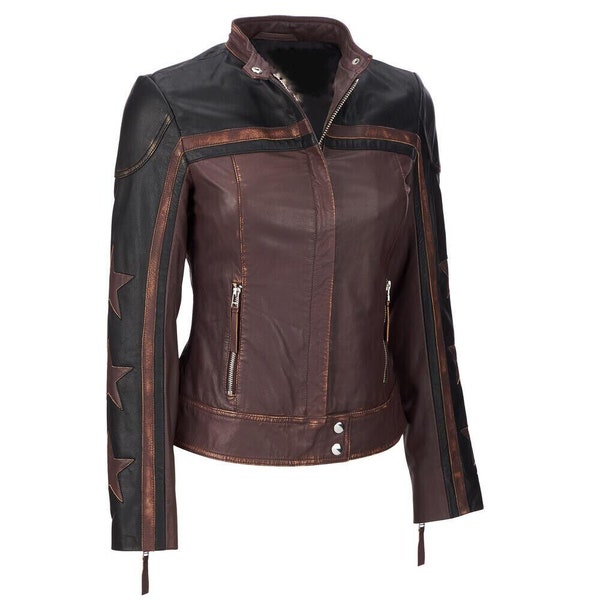 Women Leather Jacket Cafe Racer Moto Biker Distressed Genuine Lambskin Motorcycle Slim fit Biker Jacket soft leather Jacket women Gift.