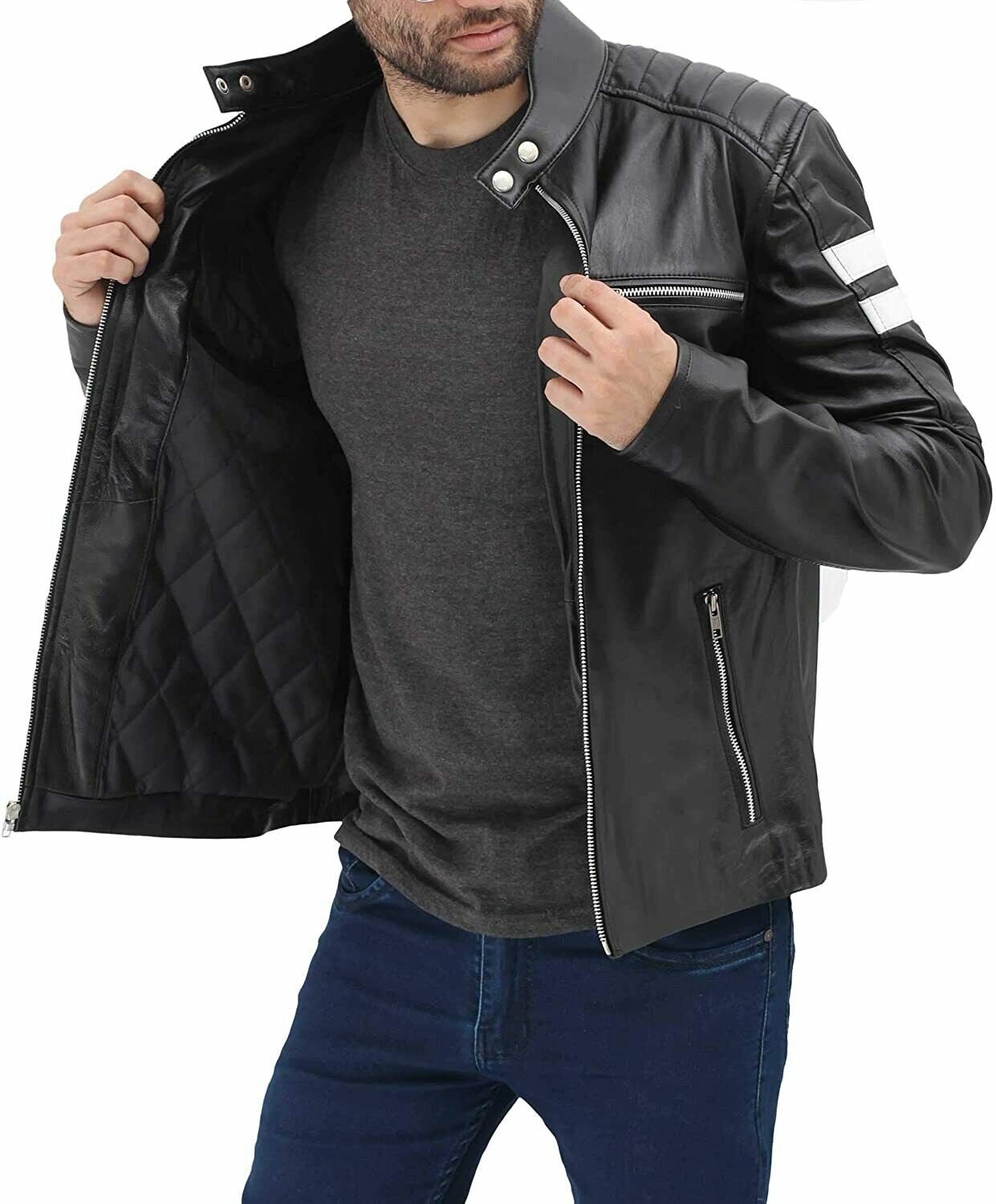 Men's sword black genuine lambskin leather biker jacket shop