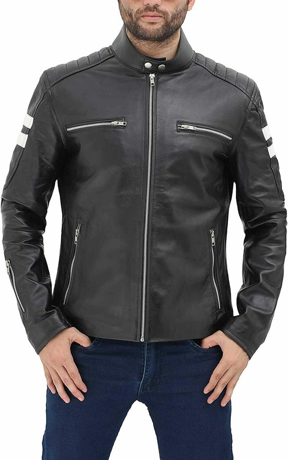 Men's sword black genuine deals lambskin leather biker jacket
