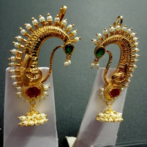 Red Green Colour Drop Shape Designer Marathi Jewellery Bugadi Earrings Traditional Metal & Cubic Zirconia adjustable Bugadi Clip on Earrings