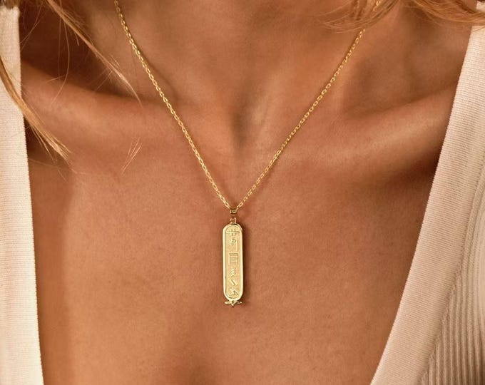 18k Gold Egypt Cartouche Necklace • Egyptian Hieroglyphic Name Necklace • Egypt Custom Name Jewelry Ancient Egyptian Necklace•Christmas Gift