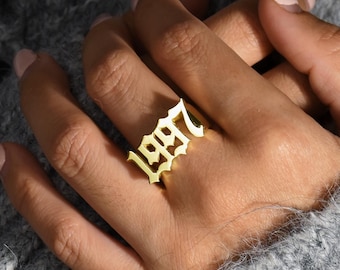 Anillo de año gótico personalizado • Anillo de número personalizado • Anillo de año inglés antiguo personalizado • Anillo llamativo • Regalos de cumpleaños • Anillo de año apilable
