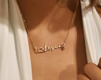 Collar con nombre en oro de 18 quilates y piedra de nacimiento • Collar con nombre y piedra de nacimiento • Joyas delicadas con nombre • Placa con nombre y piedra de nacimiento • Regalo de cumpleaños para ella