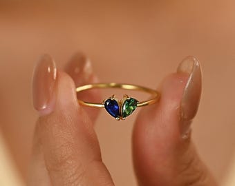 Custom Heart Birthstone Ring • Mothers Jewellery • Personalised 2 Birthstone Ring • Valentines Day Gift • Stackable Ring • Bridesmaid Gift