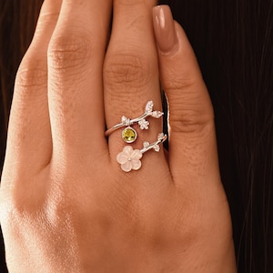 Ring 925 sterlingzilveren parelmoer • Geboortering bloemen • Sakura-ringen • Verstelbare ring • Bloemensieraden • Kerstcadeau voor haar