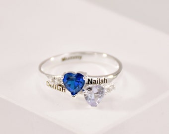 Engraved Double Heart Birthstone Ring • Two Names Ring • Customized Rings • Birthstone Ring • Gift For Mom • Best Friend Ring