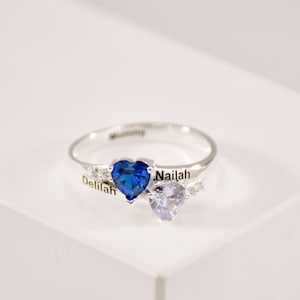 Engraved double heart birthstone ring hotsell