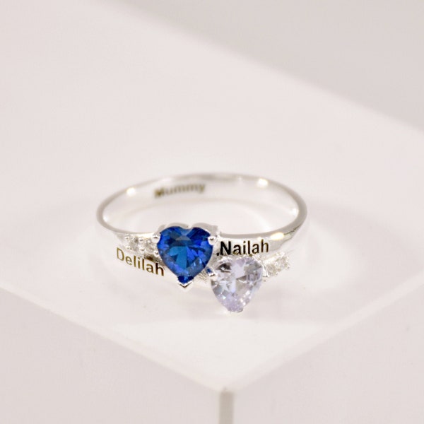 Engraved Double Heart Birthstone Ring • Two Names Ring • Customized Rings • Birthstone Ring • Gift For Mom • Best Friend Ring