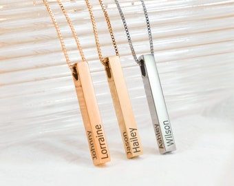 Personalized Bar Necklace • Vertical 4 Sided Bar Necklace • Personalized 3D Bar Necklace • Multiple Names Necklace