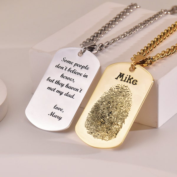 Men's Necklace • Best Gift for Him • Custom Dog Tag Fingerprint Jewelry • Engraved Necklace for Men • Personalized Handmade Memorial Dogtag