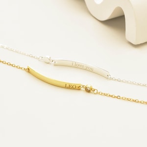 Pulsera personalizada con barra • Pulsera con barra curva y piedra de nacimiento • Pulsera con nombre grabado • Joyas de verano • Regalos de Navidad • Regalo para ella