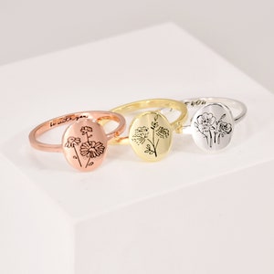Bridesmaid Ring Gifts • Personalized Birth Flower Ring • Birth Flower Ring • Floral Ring • Custom Dainty Ring • Stacking Floral Signet Ring
