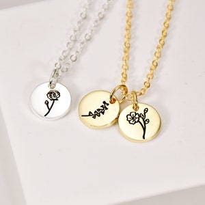 Personalized Disc Necklace Birth Flower • Minimalist Flower Necklace • Gift for Grandma • 10mm Tiny Disc Flower Jewelry • Mother&#39;s Day Gift