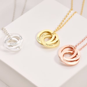 Collar de anillo ruso personalizado • Regalo para mamá con nombres de niños • Anillos entrelazados • Collar de círculo vinculado • Collar familiar • Hecho a mano