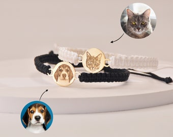 Pulsera de cuerda trenzada con retrato de perro • Pulsera de gato para mujer • Regalo conmemorativo personalizado para mascotas • Joyas con retratos de mascotas • Regalos para amantes de las mascotas