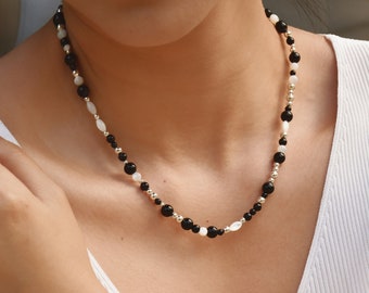 Beaded Black White Necklace by Myluckideas • Onyx Black Charm Necklace with Mother of Pearl • Dainty Necklace Gift For Her • Positive Energy