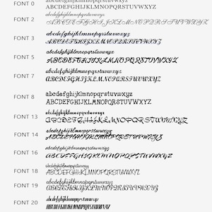 May include: A white graphic displaying font options. The text reads "Our Font Choices" and "CHOOSE YOUR FAVORITE FONT AT CHECKOUT". Different fonts are shown, each with the alphabet in upper and lower case.