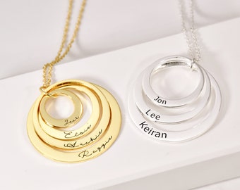 Collier cercle de nom personnalisé • Collier gravé avec nom de famille • Collier de nom de nom d’or 14K • Collier de maman • Collier de noms de famille Cadeau de collier