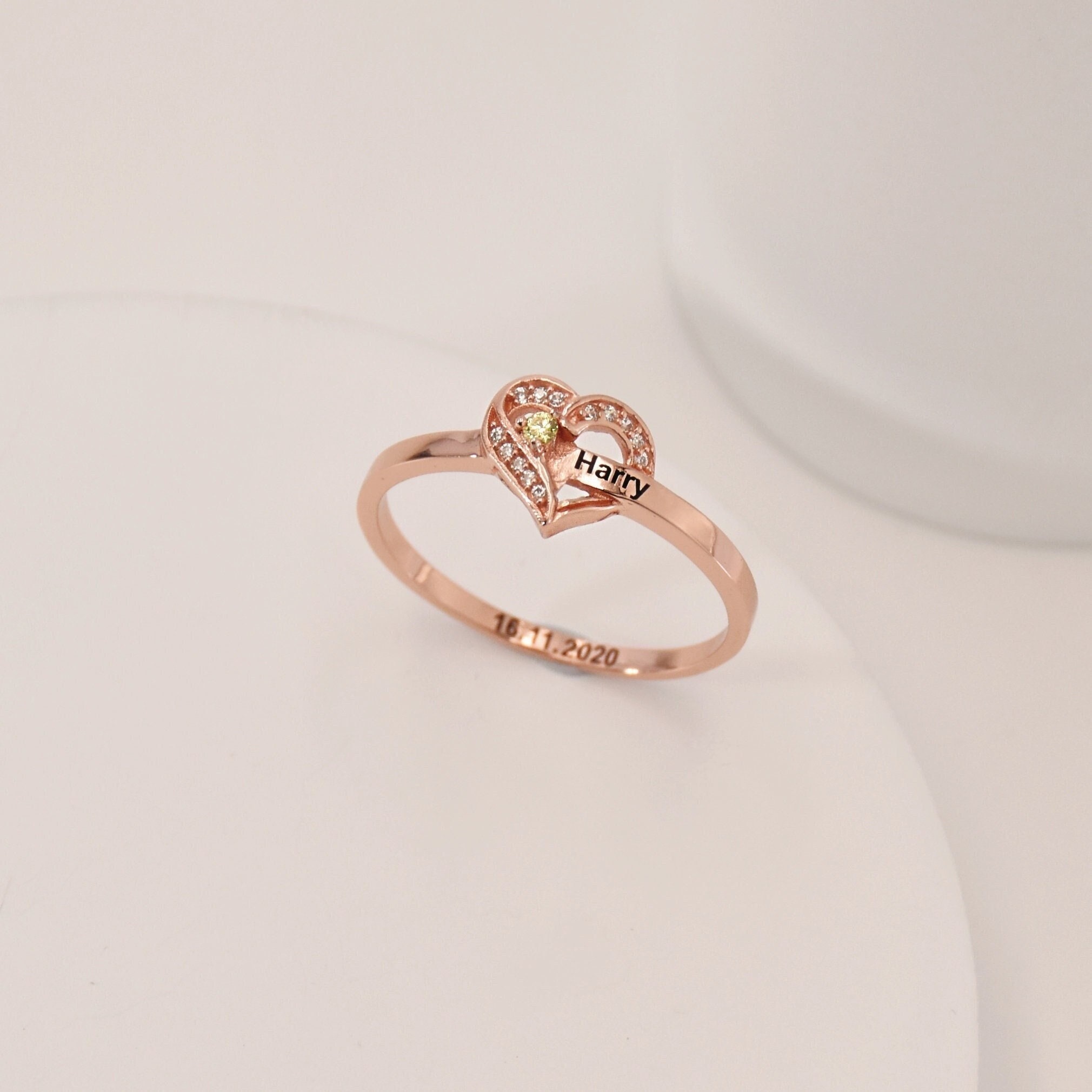 Engraved Heart Birthstone Ring • Birthstone Ring with Kids' Names • Customized 1-8 Names Ring • Custom Birthstone Jewelry • Family Ring