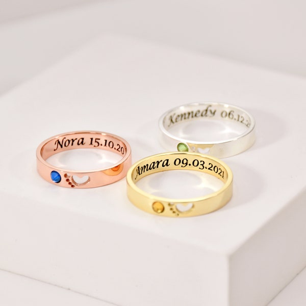 Personalized Name Date Memorial Ring • Baby Feet Ring with Birthstone • Mom Ring • Memorial Ring • Infant Child Loss • Miscarriage Jewelry