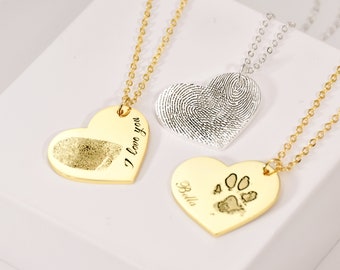 Custom Fingerprint Necklace • Actual Fingerprint Necklace • Engraved Pawprint Handwriting Jewelry • Custom Heart Charm • Memorial Necklace