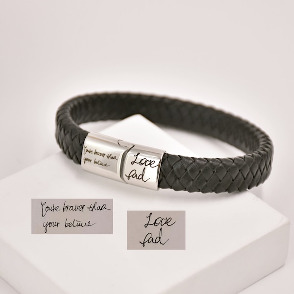 Men Handwritten Jewelry • Handwriting Bracelet Men • Father's Day Gift Actual Signature Gift for Him • Memorial Bracelet • Leather Bracelet