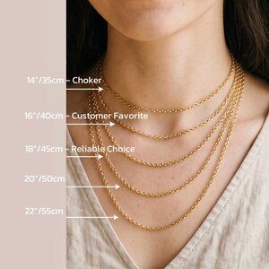 May include: A selection of gold-coloured chain necklaces of different lengths. The shortest is labelled "14"/35cm - Choker", and the longest is "22"/55cm". Other labels include "Customer Favorite" and "Reliable Choice".