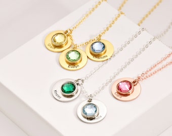 Gold Name Disc Necklace • Disc and Birthstone Sterling Silver Necklace • Personalized Necklace for Mom • Coin Necklace • Gift for Mom