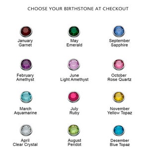 May include: Image displaying a selection of birthstones with their corresponding months. The image includes a variety of gemstones, such as garnet, emerald, sapphire, amethyst, and ruby, each set in a silver bezel. Text reads "Our Birthstone Choices."