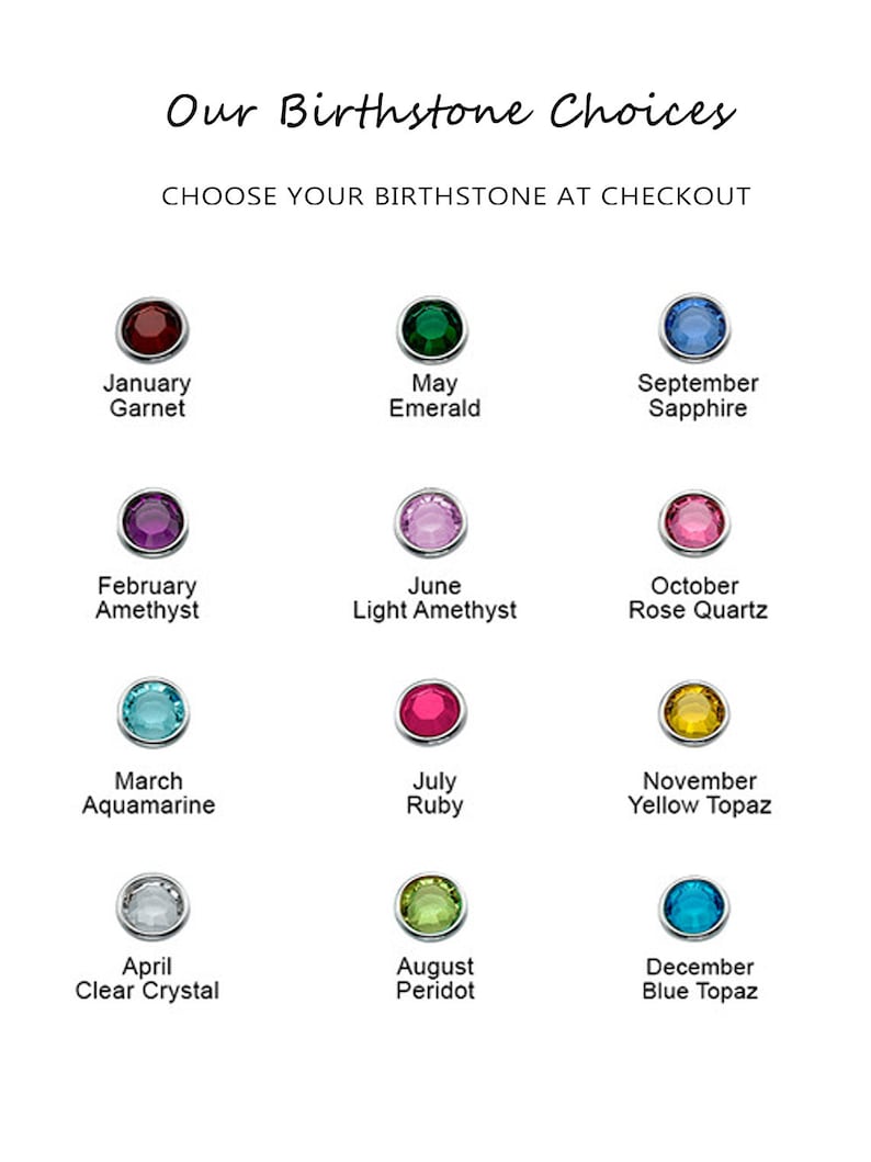 May include: Image displaying a selection of birthstones with their corresponding months. The image includes a variety of gemstones, such as garnet, emerald, sapphire, amethyst, and ruby, each set in a silver bezel. Text reads "Our Birthstone Choices."