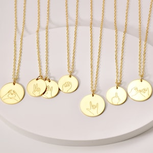 Collar de lenguaje de señas personalizado • Collar de gesto de mano • Collar de disco ASL • Signo de la paz • Collar de disco de oro • Regalo de collar de mejor amigo