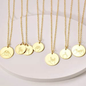 Custom Sign Language Necklace • Hand Gesture Necklace • ASL Disc Necklace • Peace Sign • Gold Disc Necklace • Best Friend Necklace Gift