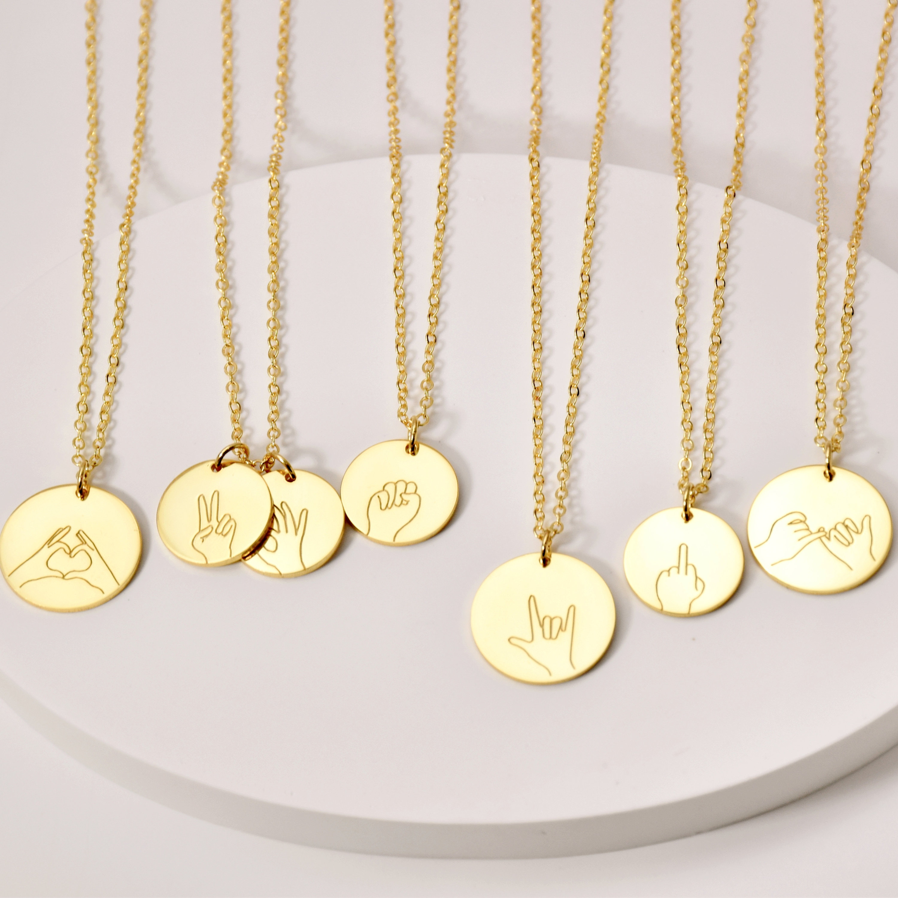 Custom Sign Language Necklace • Hand Gesture Necklace • ASL Disc Necklace • Peace Sign • Gold Disc Necklace • Best Friend Necklace Gift