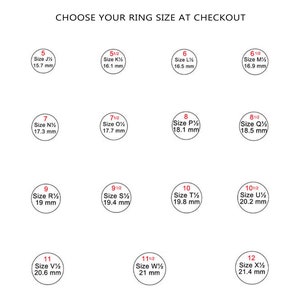May include: Image displaying ring size options, with sizes ranging from 5 to 12. Each size is labeled with a letter and millimeter measurement, such as size 5 (15.7 mm). Text at the top reads "Our Ring Size Choices".