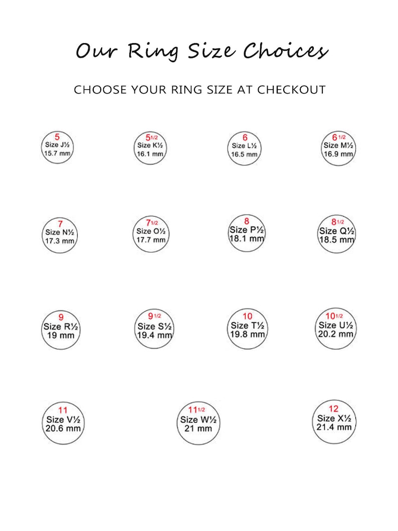 May include: Image displaying ring size options, with sizes ranging from 5 to 12. Each size is labeled with a letter and millimeter measurement, such as size 5 (15.7 mm). Text at the top reads "Our Ring Size Choices".