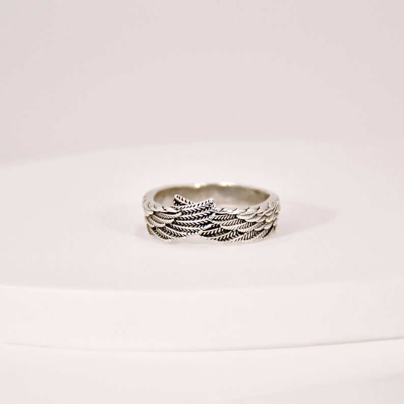 May include: A silver ring with a detailed design of intertwined wings.