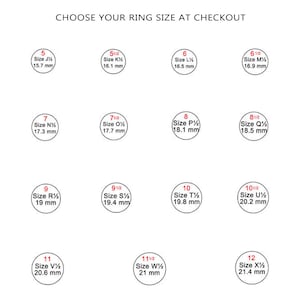 May include: A chart showing different ring sizes with corresponding measurements in millimeters. The chart is organized in rows and columns, with each ring size listed in a circle.