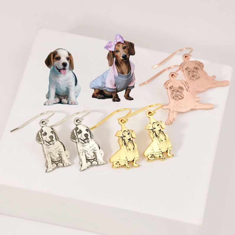 K&ouml;nnte beinhalten: Ein Set mit sechs H&auml;ngeohrringen mit Hundeportraits. Die Ohrringe sind in Silber, Gold und Ros&eacute;gold erh&auml;ltlich. Jeder Ohrring zeigt eine andere Hunderasse, darunter ein Beagle, ein Dackel und eine Mops.