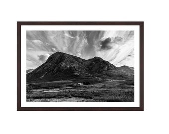 Lagangarbh Hut with Buachaille Etive Mor, Glencoe, Scottish Highlands, Scotland Photo Print, Wall Art, Black and White image