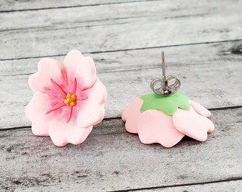 Sakura Flower Earrings, Cherry Blossom Earrings, Kawaii Flower Stud Earrings, Nickel-Free Earrings