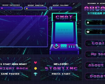 Retro Arcade Animated Stream Overlay Package: 80s Vtuber Style