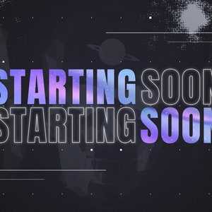 May include: A digital graphic featuring the text STARTING SOON in a bold, sans-serif font. The letters have a gradient fill of blue, purple, and pink with a starry nebula pattern. The background is dark gray with subtle planet and line art.