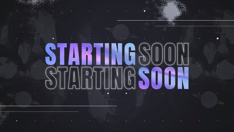 May include: A digital graphic featuring the text STARTING SOON in a bold, sans-serif font. The letters have a gradient fill of blue, purple, and pink with a starry nebula pattern. The background is dark gray with subtle planet and line art.